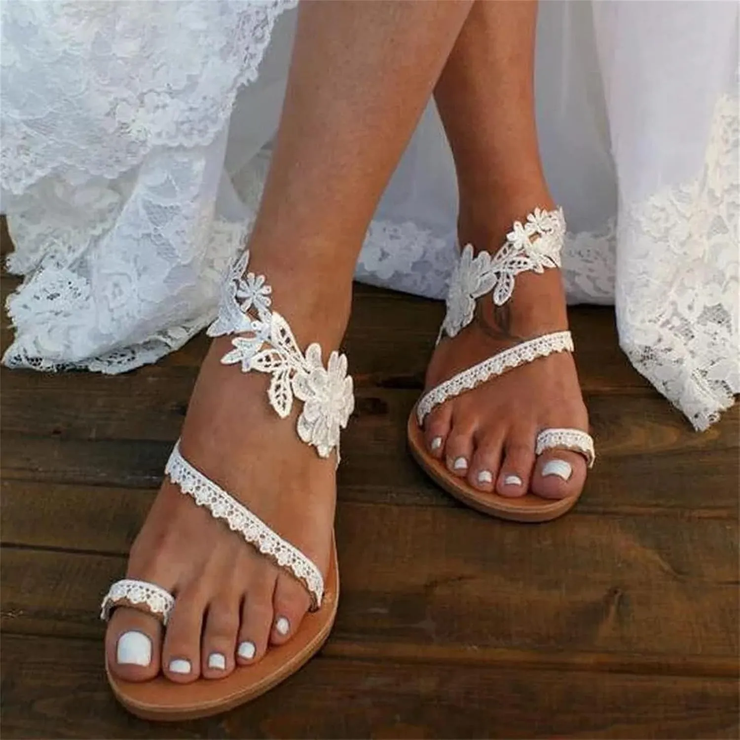 DOIX Sandals for Women Casual Fashion Roman Slip on Wedding Sandals Vintage Toe Ring Floral Lace Flat Sandals Bohemian Beach Flip Flops Walking Shoes,White,US9/EU40