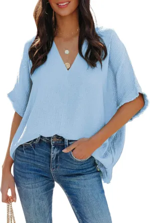 Dokotoo Casual Womens Short Sleeve V Neck Shirts Oversized Solid Blouses Tops