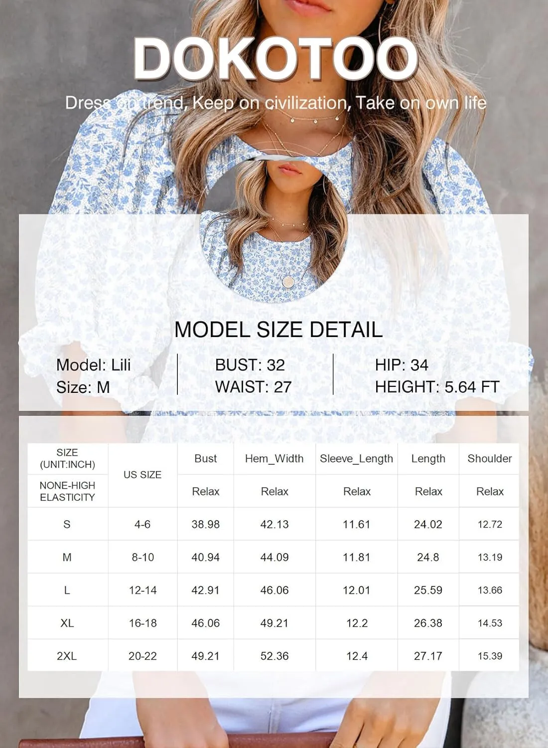 Dokotoo Floral Print Blouses for Women Crewneck Smocked Puff Sleeve Shirts Casual Babydoll Tops