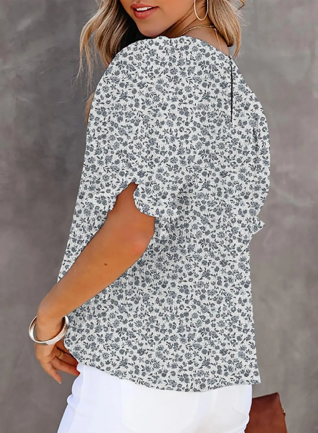 Dokotoo Floral Print Blouses for Women Crewneck Smocked Puff Sleeve Shirts Casual Babydoll Tops