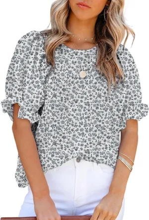 Dokotoo Floral Print Blouses for Women Crewneck Smocked Puff Sleeve Shirts Casual Babydoll Tops