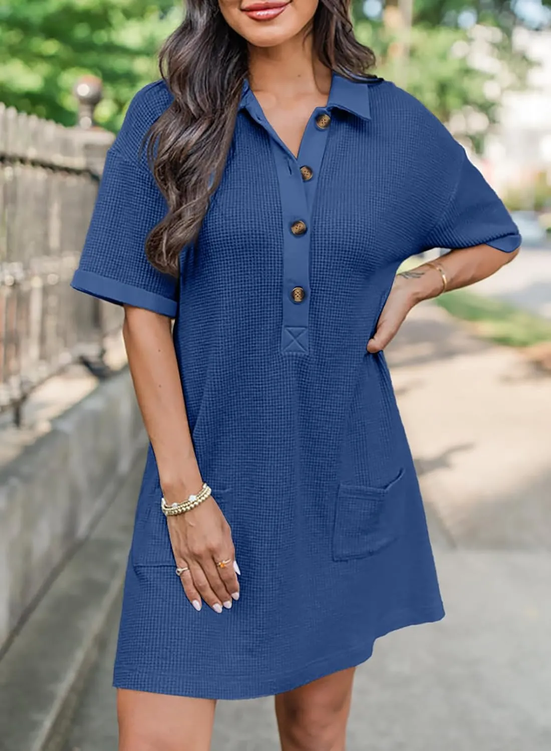 Dokotoo Womens Dresses V Neck Casual Short Sleeve Waffle Knit Mini Dress Sweater Dress