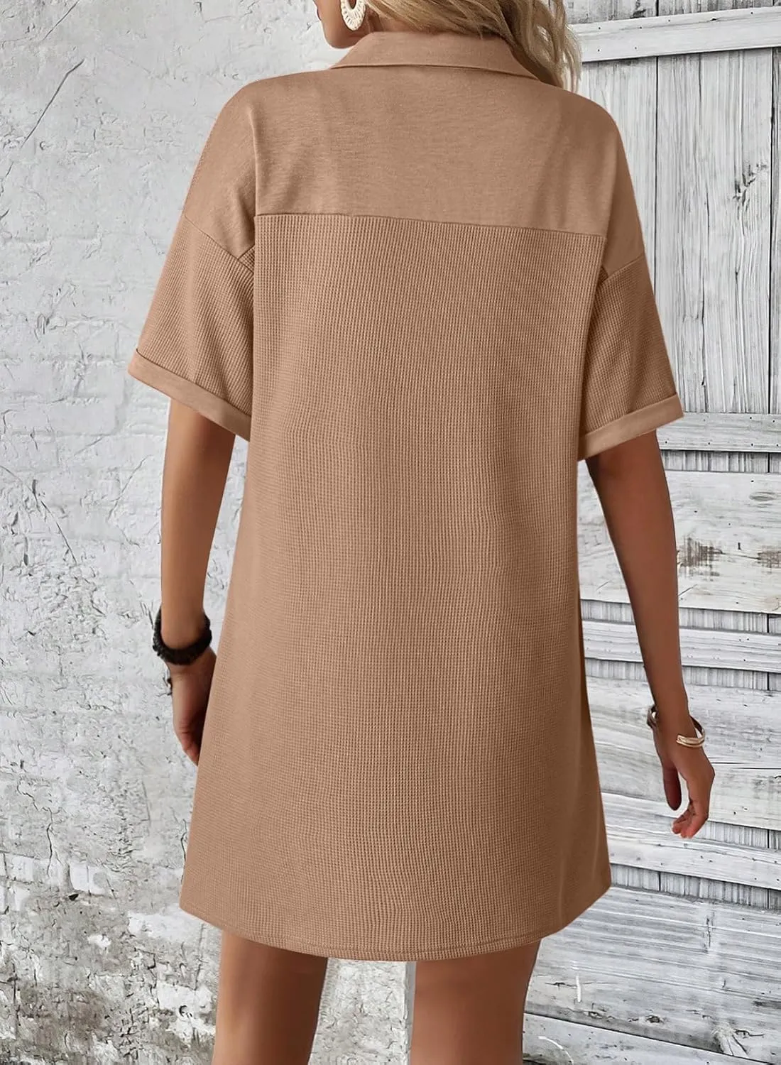Dokotoo Womens Dresses V Neck Casual Short Sleeve Waffle Knit Mini Dress Sweater Dress