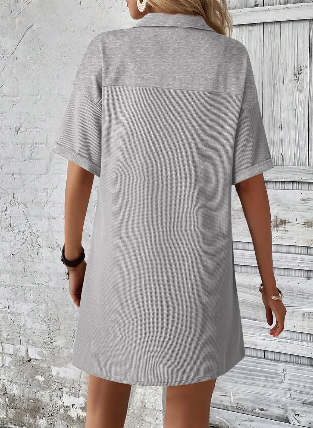 Dokotoo Womens Dresses V Neck Casual Short Sleeve Waffle Knit Mini Dress Sweater Dress