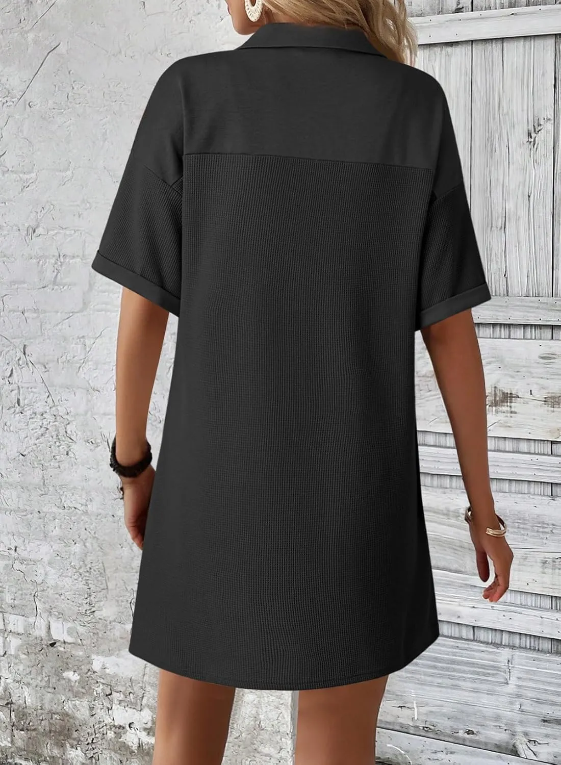 Dokotoo Womens Dresses V Neck Casual Short Sleeve Waffle Knit Mini Dress Sweater Dress