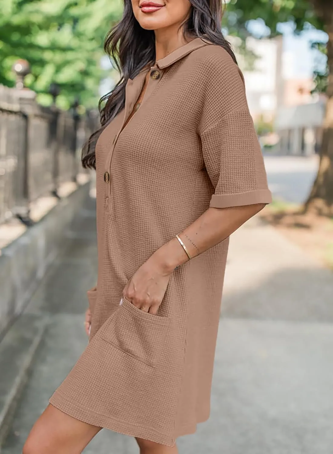 Dokotoo Womens Dresses V Neck Casual Short Sleeve Waffle Knit Mini Dress Sweater Dress