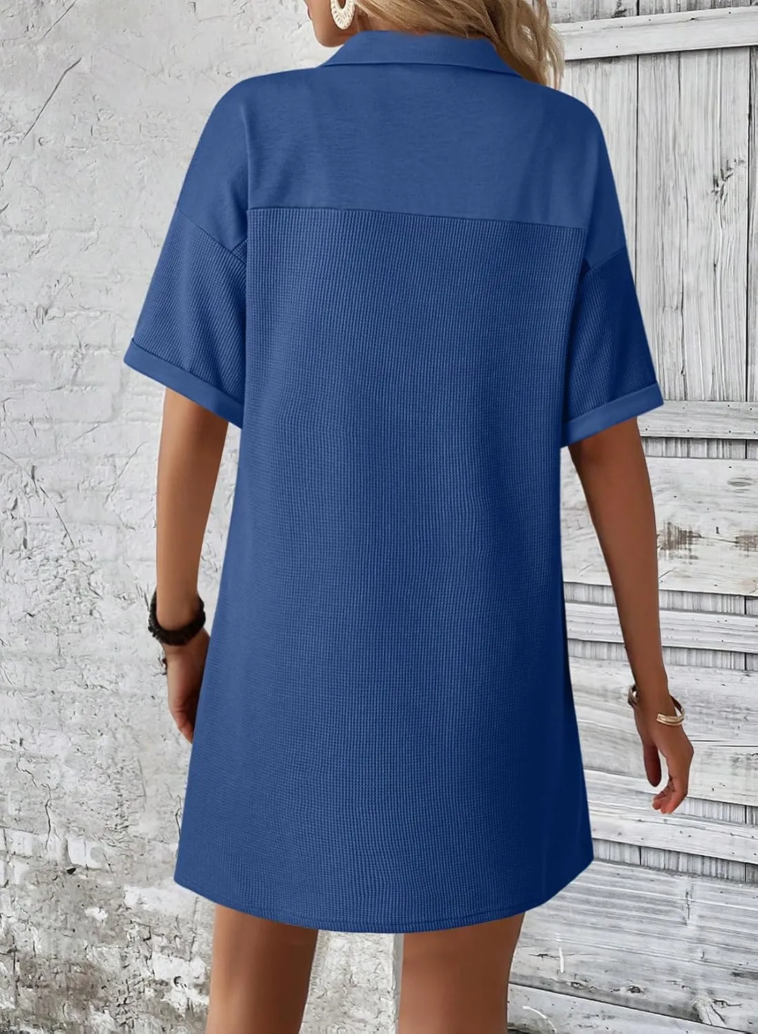 Dokotoo Womens Dresses V Neck Casual Short Sleeve Waffle Knit Mini Dress Sweater Dress