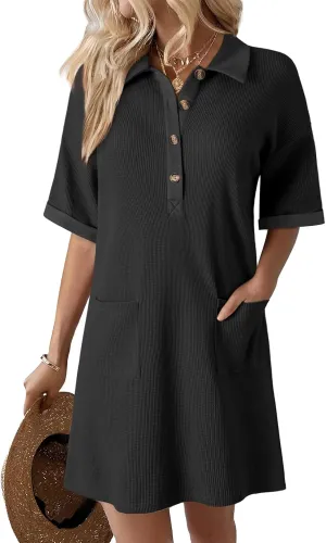 Dokotoo Womens Dresses V Neck Casual Short Sleeve Waffle Knit Mini Dress Sweater Dress