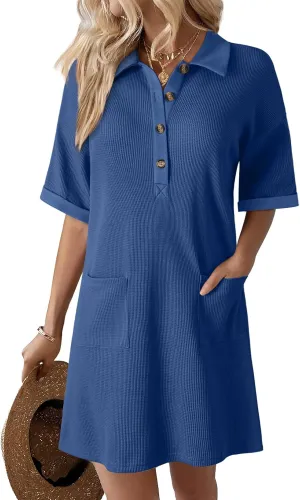 Dokotoo Womens Dresses V Neck Casual Short Sleeve Waffle Knit Mini Dress Sweater Dress