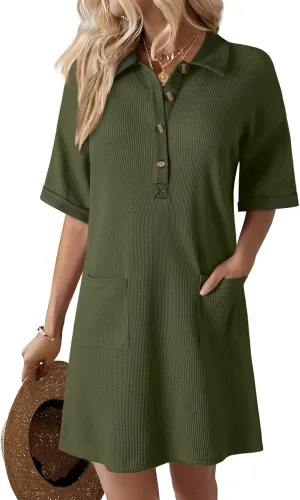 Dokotoo Womens Dresses V Neck Casual Short Sleeve Waffle Knit Mini Dress Sweater Dress