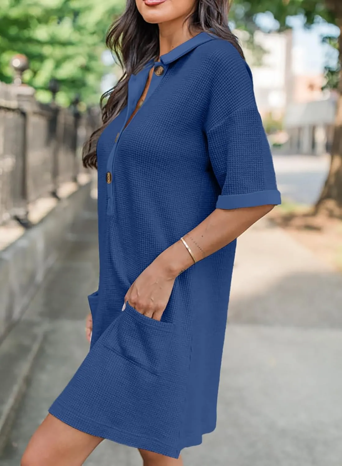 Dokotoo Womens Dresses V Neck Casual Short Sleeve Waffle Knit Mini Dress Sweater Dress