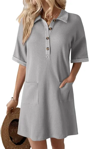 Dokotoo Womens Dresses V Neck Casual Short Sleeve Waffle Knit Mini Dress Sweater Dress