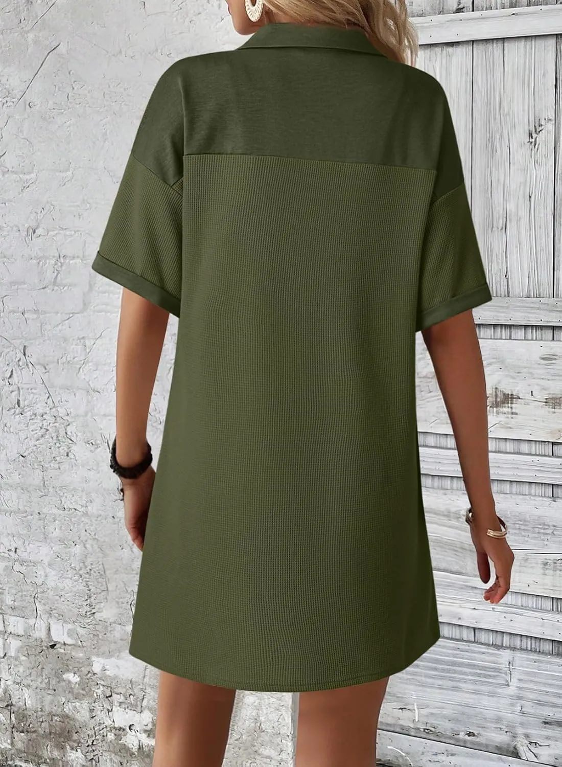 Dokotoo Womens Dresses V Neck Casual Short Sleeve Waffle Knit Mini Dress Sweater Dress