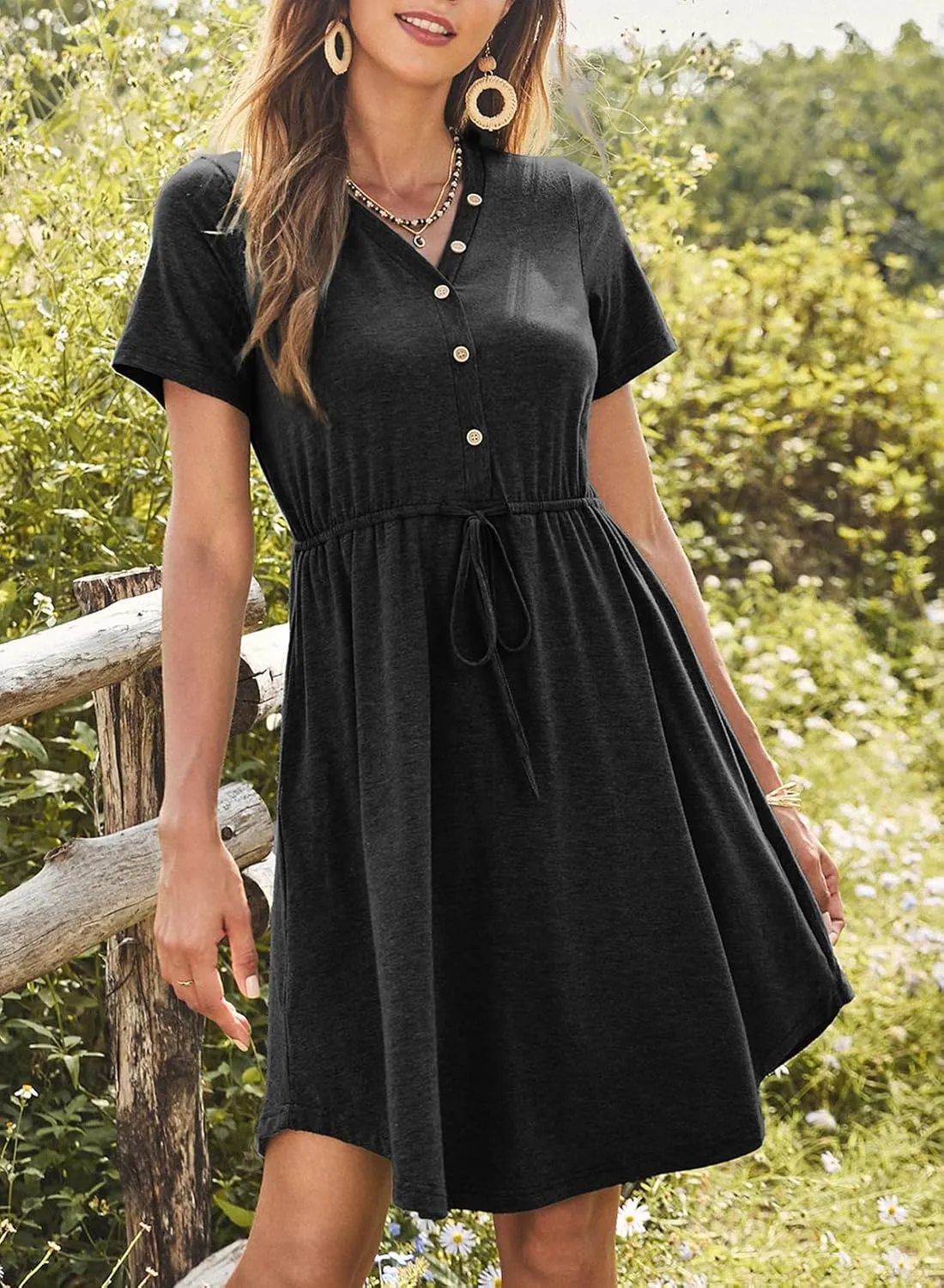 Dokotoo Womens Spring Summer Dresses 2025 Casual Tunic Dress Short Sleeve V Neck Flowy Swing Mini Shift Dress