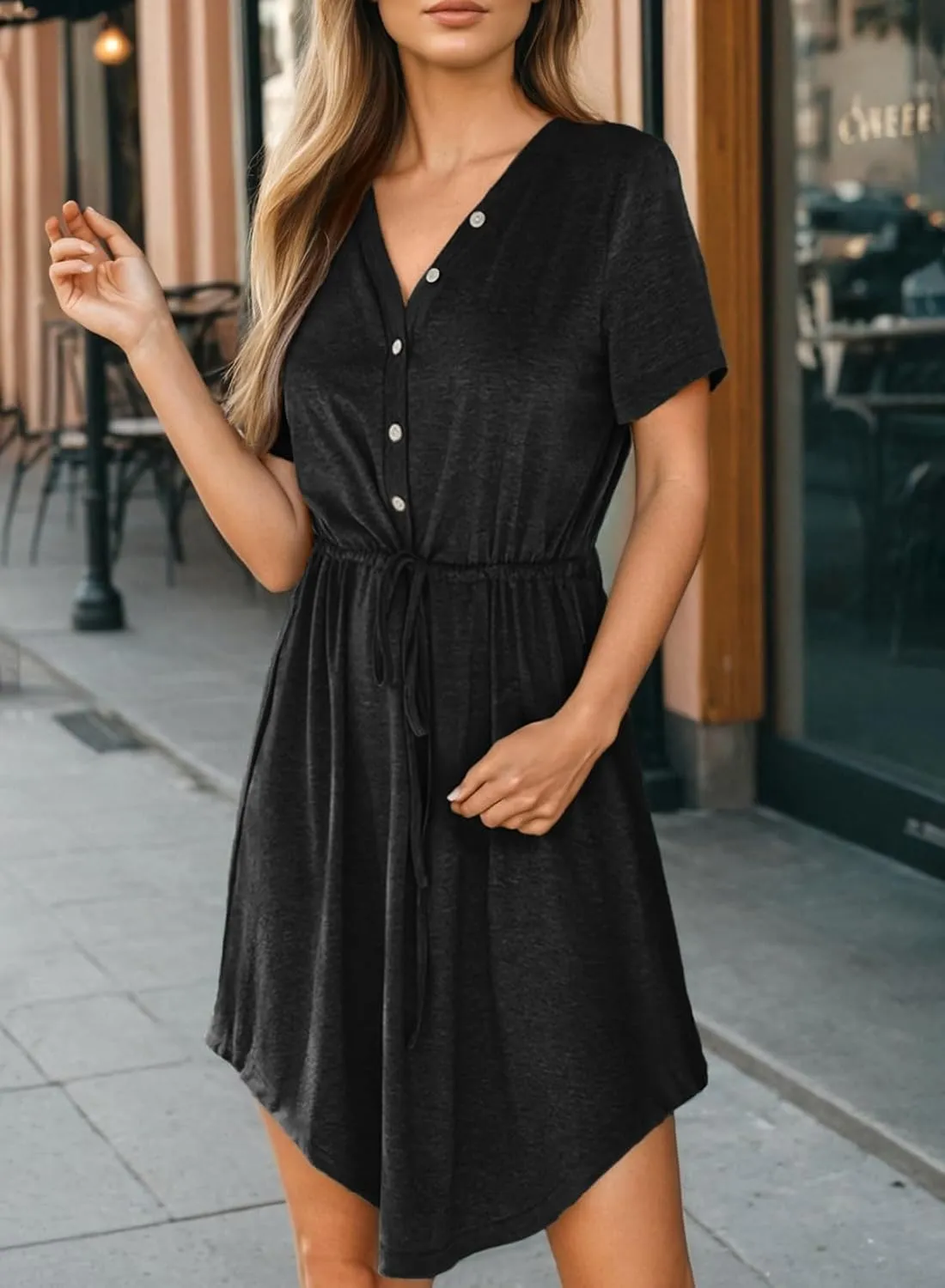 Dokotoo Womens Spring Summer Dresses 2025 Casual Tunic Dress Short Sleeve V Neck Flowy Swing Mini Shift Dress