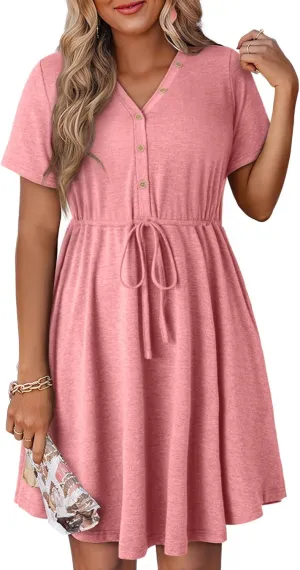 Dokotoo Womens Spring Summer Dresses 2025 Casual Tunic Dress Short Sleeve V Neck Flowy Swing Mini Shift Dress