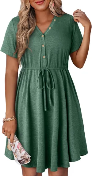 Dokotoo Womens Spring Summer Dresses 2025 Casual Tunic Dress Short Sleeve V Neck Flowy Swing Mini Shift Dress