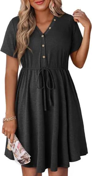 Dokotoo Womens Spring Summer Dresses 2025 Casual Tunic Dress Short Sleeve V Neck Flowy Swing Mini Shift Dress