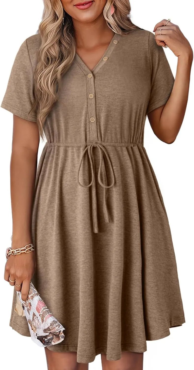 Dokotoo Womens Spring Summer Dresses 2025 Casual Tunic Dress Short Sleeve V Neck Flowy Swing Mini Shift Dress