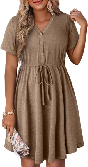 Dokotoo Womens Spring Summer Dresses 2025 Casual Tunic Dress Short Sleeve V Neck Flowy Swing Mini Shift Dress