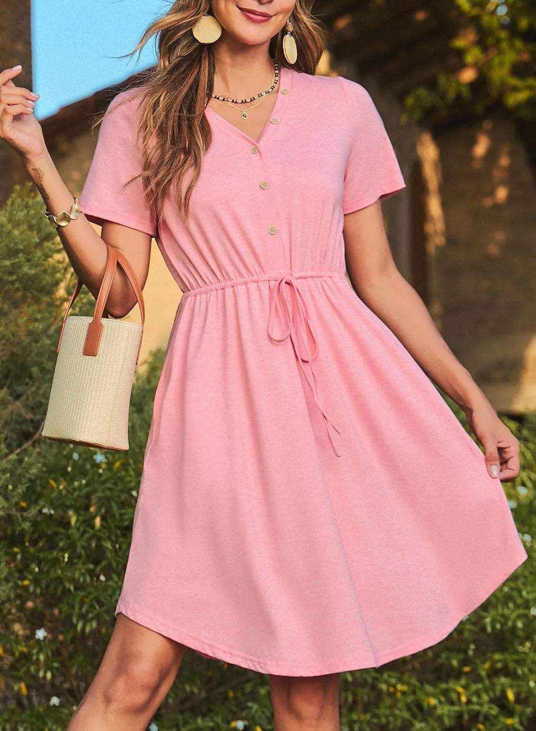Dokotoo Womens Spring Summer Dresses 2025 Casual Tunic Dress Short Sleeve V Neck Flowy Swing Mini Shift Dress
