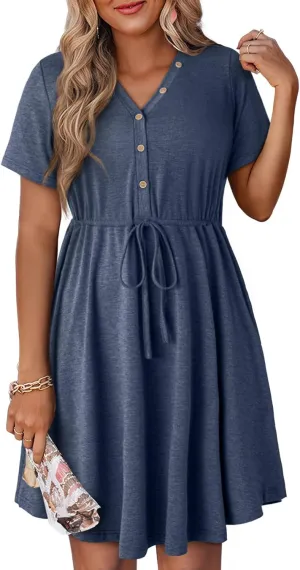 Dokotoo Womens Spring Summer Dresses 2025 Casual Tunic Dress Short Sleeve V Neck Flowy Swing Mini Shift Dress