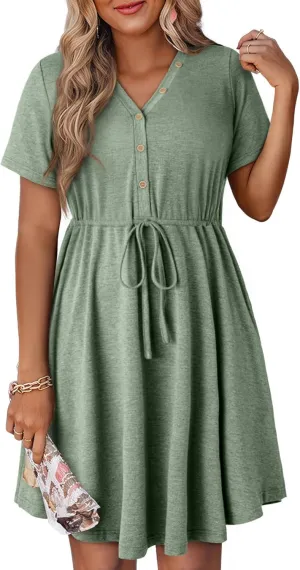 Dokotoo Womens Spring Summer Dresses 2025 Casual Tunic Dress Short Sleeve V Neck Flowy Swing Mini Shift Dress