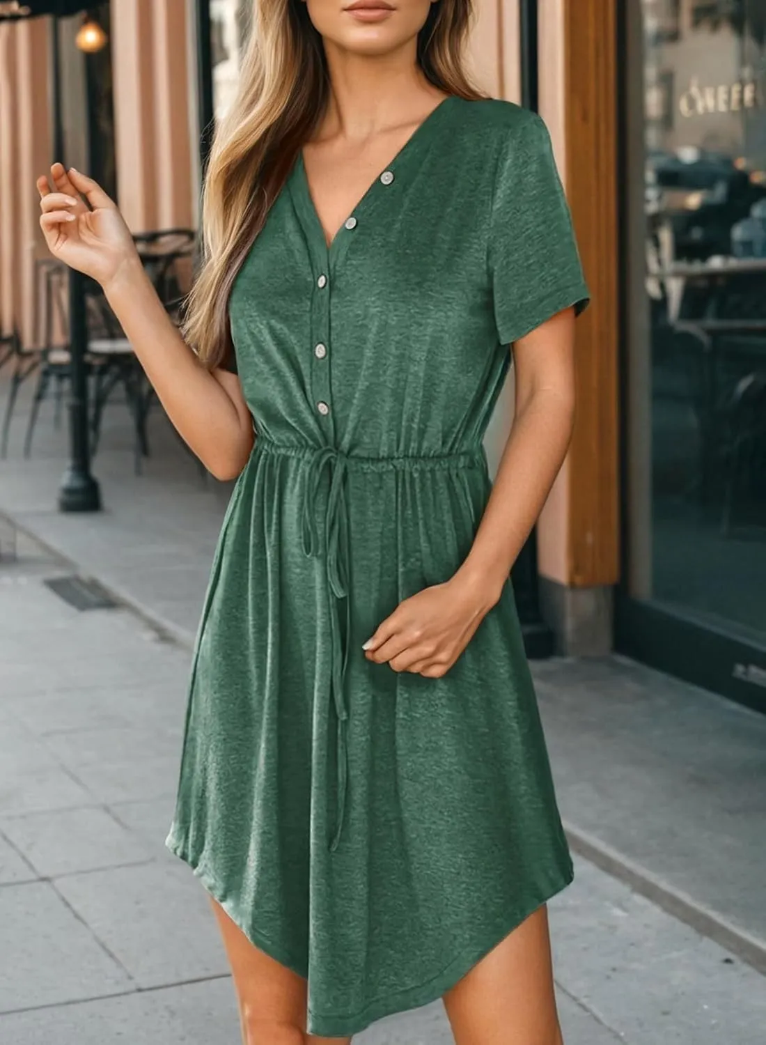 Dokotoo Womens Spring Summer Dresses 2025 Casual Tunic Dress Short Sleeve V Neck Flowy Swing Mini Shift Dress