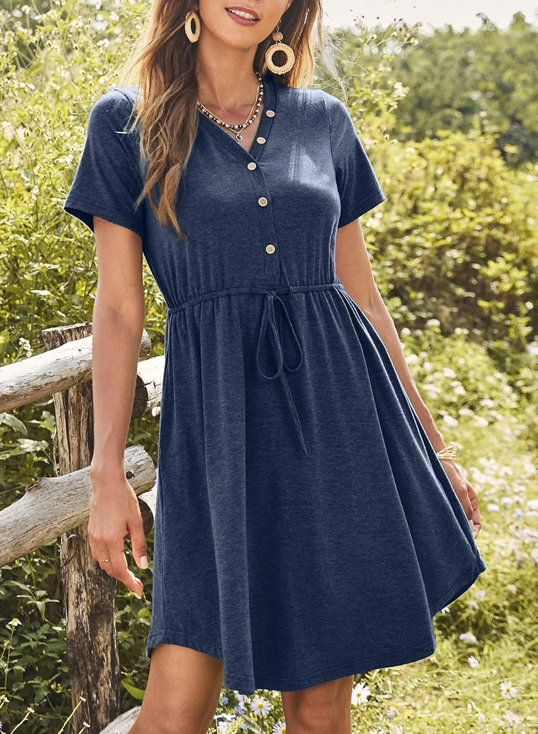 Dokotoo Womens Spring Summer Dresses 2025 Casual Tunic Dress Short Sleeve V Neck Flowy Swing Mini Shift Dress