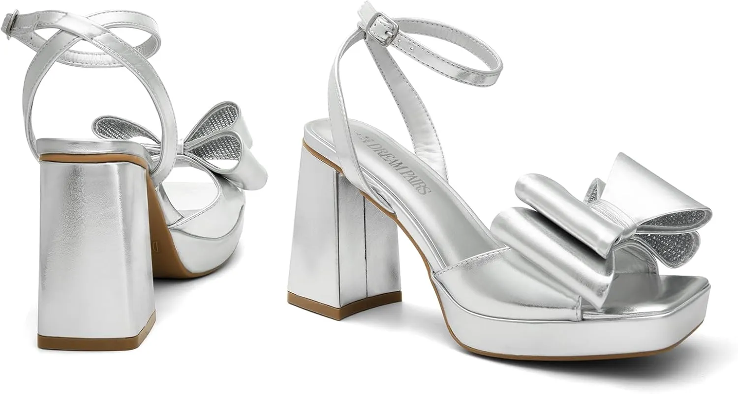 DREAM PAIRS Women's Platform Chunky Heels Fashion Bowknots High Block Square Toe Dress Sandals for Wedding Bridal Party