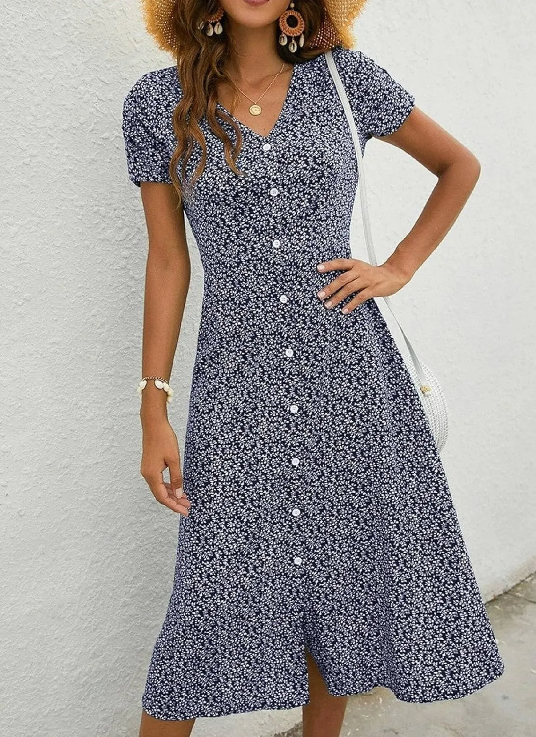 Dresses for Women 2025 Summer V Neck Short Sleeves Floral Button Down Beach Vacation Garden Parties Midi Dress