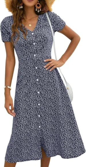 Dresses for Women 2025 Summer V Neck Short Sleeves Floral Button Down Beach Vacation Garden Parties Midi Dress