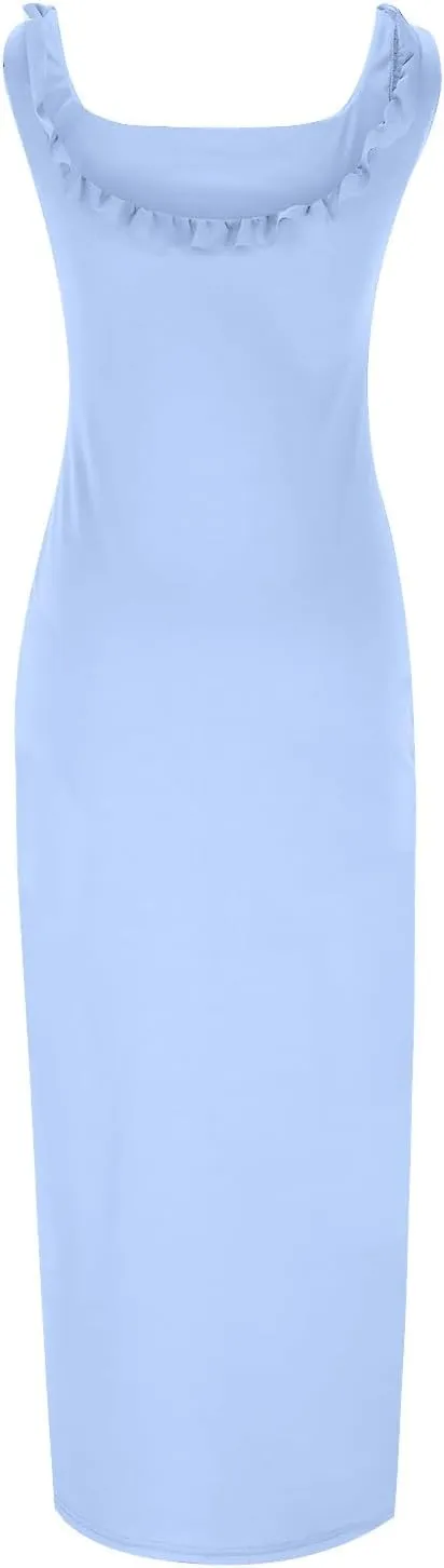 Elegant Dress for Women Multi-Layered Ruffle Split Midi Skirt Square Neck Sleeveless Dresses Vacation Party