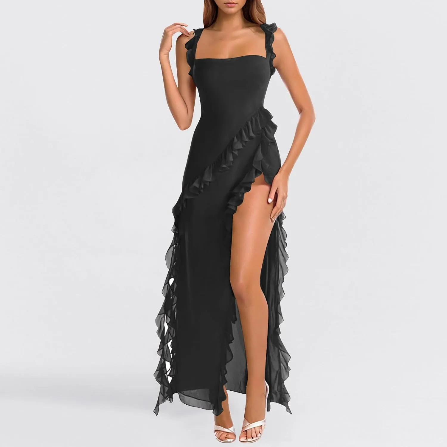 Elegant Dress for Women Multi-Layered Ruffle Split Midi Skirt Square Neck Sleeveless Dresses Vacation Party