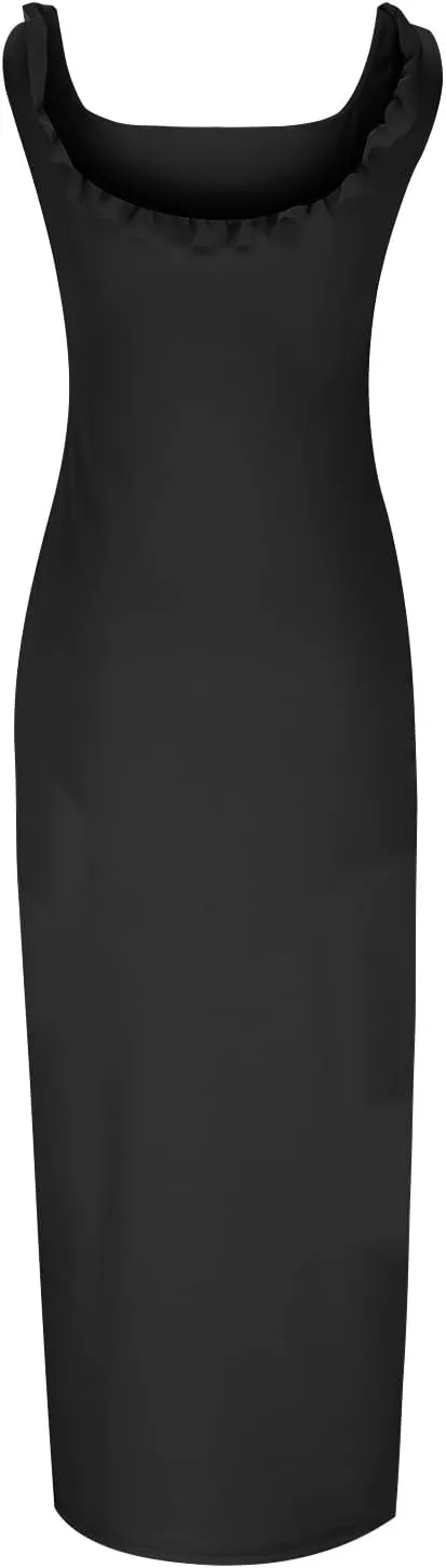Elegant Dress for Women Multi-Layered Ruffle Split Midi Skirt Square Neck Sleeveless Dresses Vacation Party