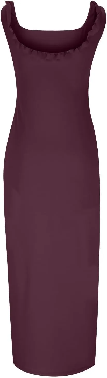 Elegant Dress for Women Multi-Layered Ruffle Split Midi Skirt Square Neck Sleeveless Dresses Vacation Party