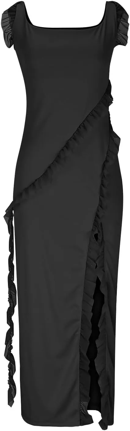 Elegant Dress for Women Multi-Layered Ruffle Split Midi Skirt Square Neck Sleeveless Dresses Vacation Party