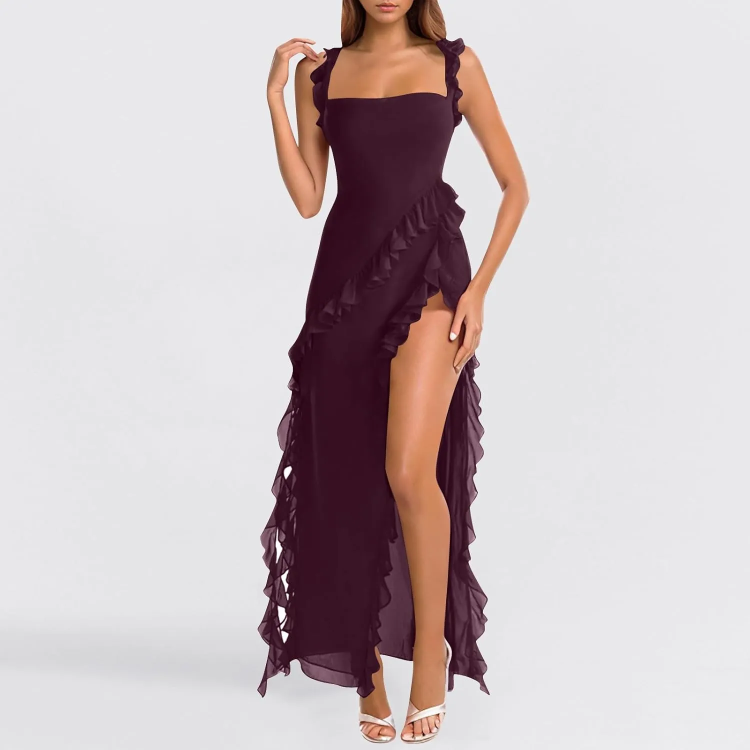 Elegant Dress for Women Multi-Layered Ruffle Split Midi Skirt Square Neck Sleeveless Dresses Vacation Party