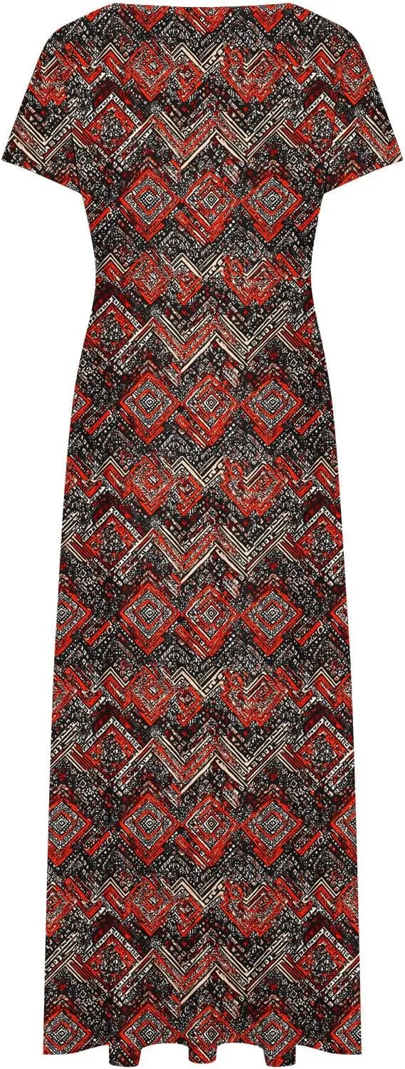 Elegant Printed Dress for Women Short Sleeve Round Neck Maxi Skirts Pockets A-line Long Dresses Prom Daily Wear