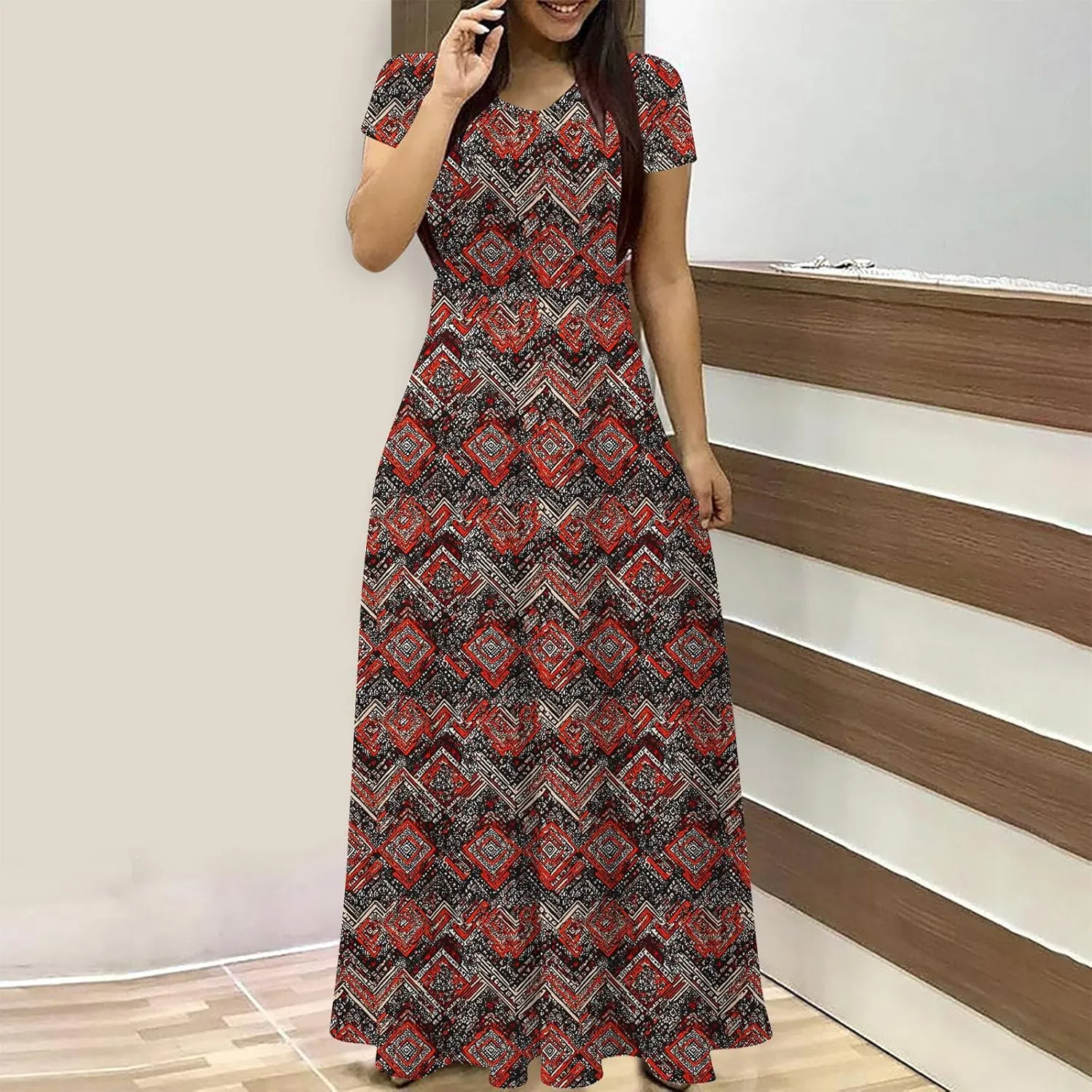 Elegant Printed Dress for Women Short Sleeve Round Neck Maxi Skirts Pockets A-line Long Dresses Prom Daily Wear