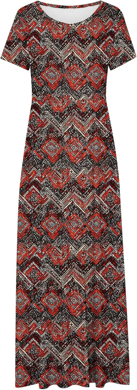 Elegant Printed Dress for Women Short Sleeve Round Neck Maxi Skirts Pockets A-line Long Dresses Prom Daily Wear