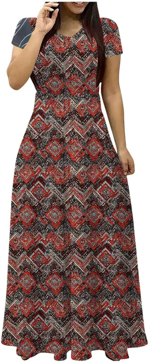 Elegant Printed Dress for Women Short Sleeve Round Neck Maxi Skirts Pockets A-line Long Dresses Prom Daily Wear