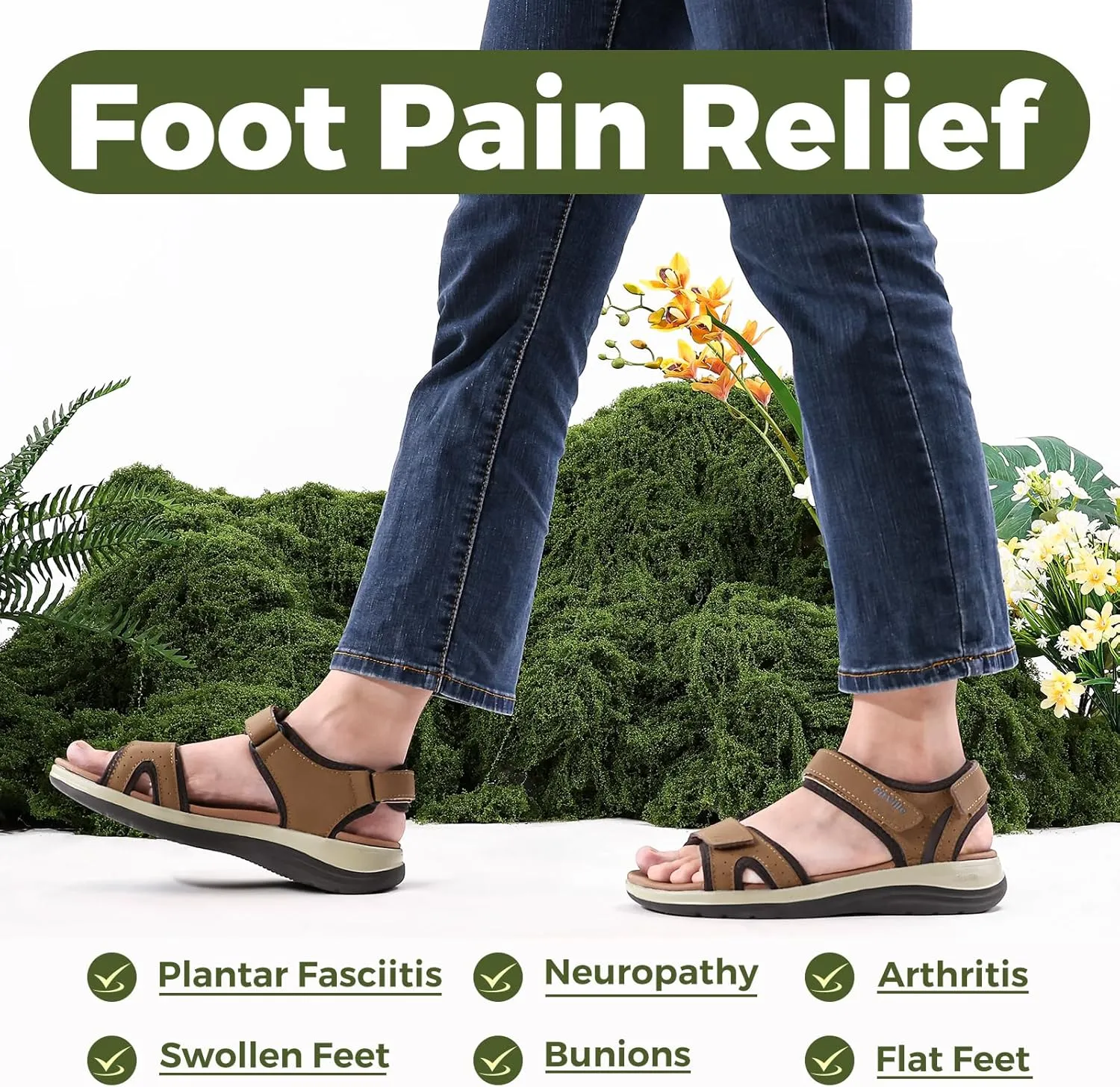 FitVille Women's Orthopedic Wide Sandals Strappy Arch Support Flat Sandals for Plantar Fasciitis & Swollen Feet | Adjustable Ankle Strap