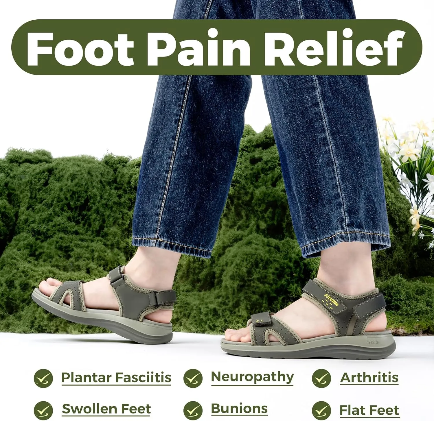FitVille Women's Orthopedic Wide Sandals Strappy Arch Support Flat Sandals for Plantar Fasciitis & Swollen Feet | Adjustable Ankle Strap