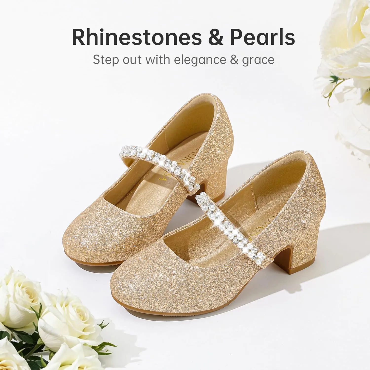 Flower Girl Shoes Kids High Heels Mary Jane Flats Cute Pearl Rhinestones Girls Dress Pumps Shoes for Church Wedding Party Little Big Kids
