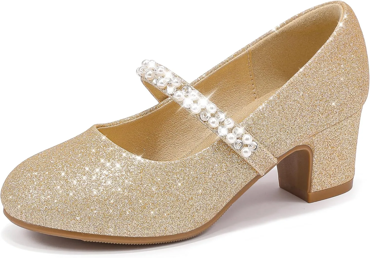 Flower Girl Shoes Kids High Heels Mary Jane Flats Cute Pearl Rhinestones Girls Dress Pumps Shoes for Church Wedding Party Little Big Kids