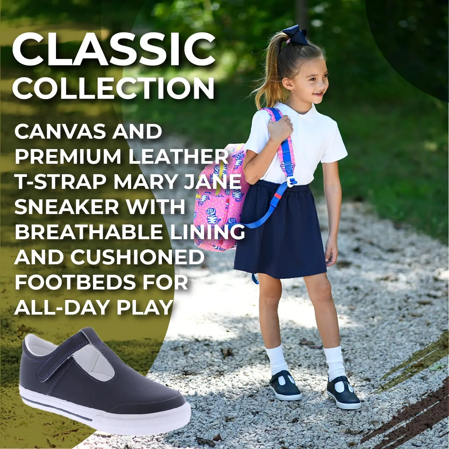 FOOTMATES Drew Mary Jane Flat T-Strap Girls Canvas Walking Sneakers with Custom-Fit Insoles, Slip-Resistant Vulcanized Outsoles