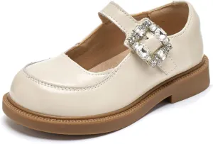 Girls Mary Jane Dress Shoes with Rhinestone Buckle – Elegant Faux Patent Leather Flats for Weddings, Birthday Parties & Special Occasions – Non-Slip Sole, Comfortable Fit for Little Girls