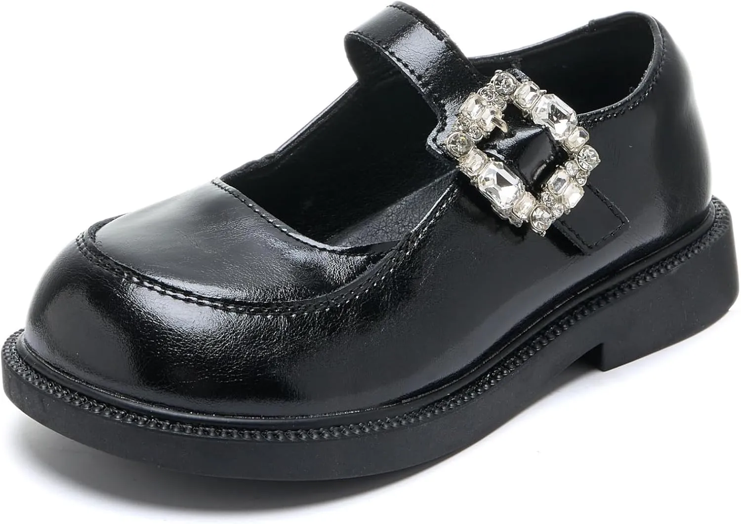 Girls Mary Jane Dress Shoes with Rhinestone Buckle – Elegant Faux Patent Leather Flats for Weddings, Birthday Parties & Special Occasions – Non-Slip Sole, Comfortable Fit for Little Girls