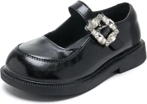 Girls Mary Jane Dress Shoes with Rhinestone Buckle – Elegant Faux Patent Leather Flats for Weddings, Birthday Parties & Special Occasions – Non-Slip Sole, Comfortable Fit for Little Girls